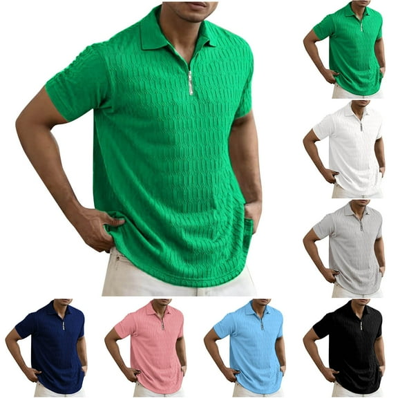 Eltusu Men's Polo Shirts with Collar, Zip Up Pullover Breathable Short Sleeve Summer Shirts Green Size S-3XL