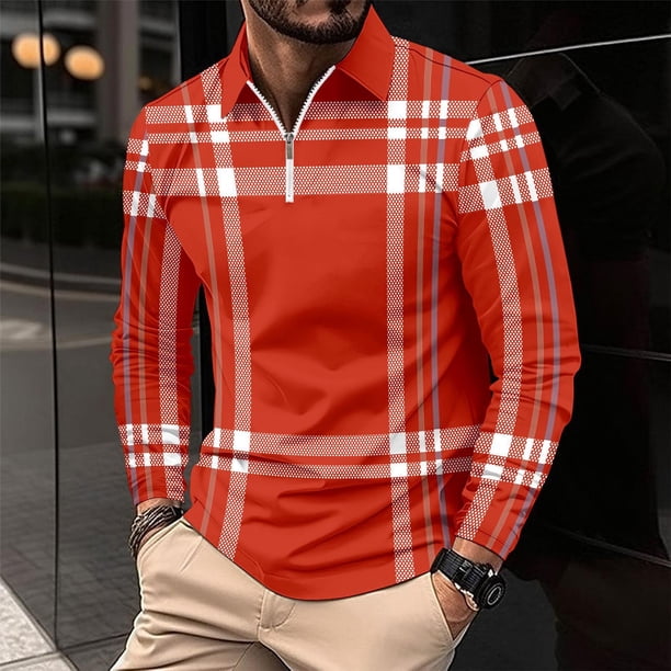 Blusa y camisa de manga larga con cuello vuelto para hombre, informal, con estampado, de manga larga, con solapa y media cremallera, deportiva, de poliéster.