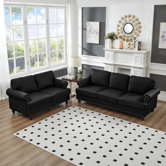 Miekor Furniture Modern Classic Design with Nails Living Room 2 & 3 seater Loveseat & Sofa Leather Couch,Upholstered Imitation Cowhide Leather Black MK7353