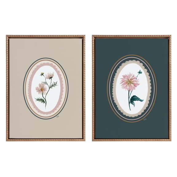 Kate and Laurel Sylvie Beaded Cosmo in Oval and Dahlia in Oval Vintage Framed Canvas Wall Art Set by Valerie McKeehan of Lily and Val, 2 Piece Set 18x24 Gold, Antique Floral Illustration Art for Wall
