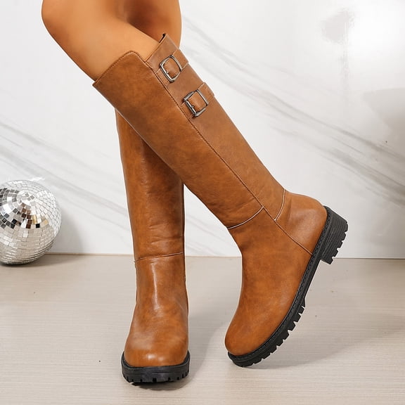 Lepsheexh Knee High Boots for Women Plus Size Round Toe Thick Sole Side Zipper Design Comfortable Breathable Solid Color Long Tube Daily Boots