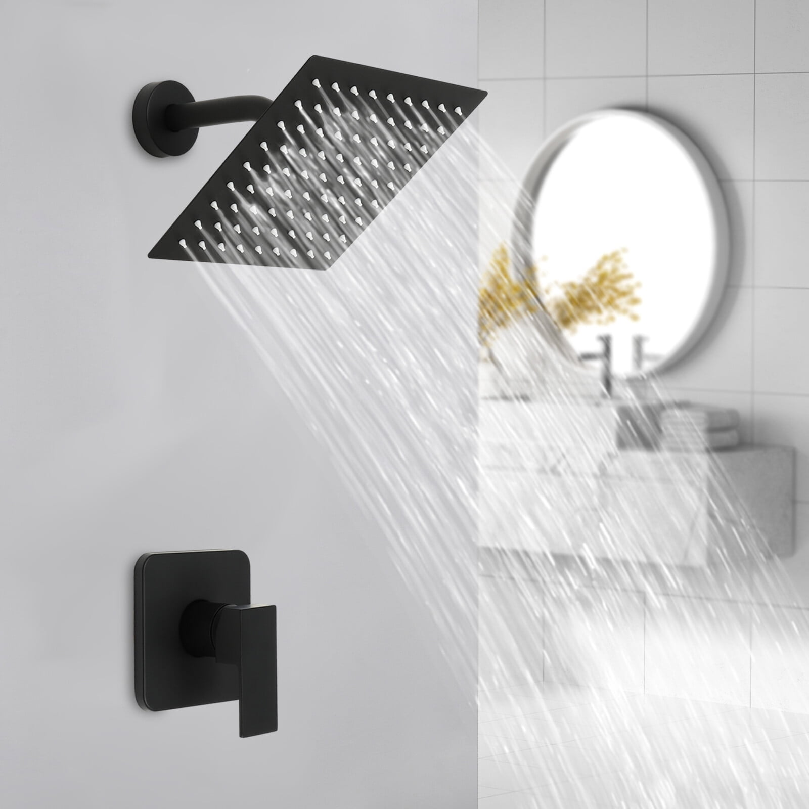 Shower Faucet Set with Valve Bathroom 8" Rain Shower Head Combo Wall-Mount Black