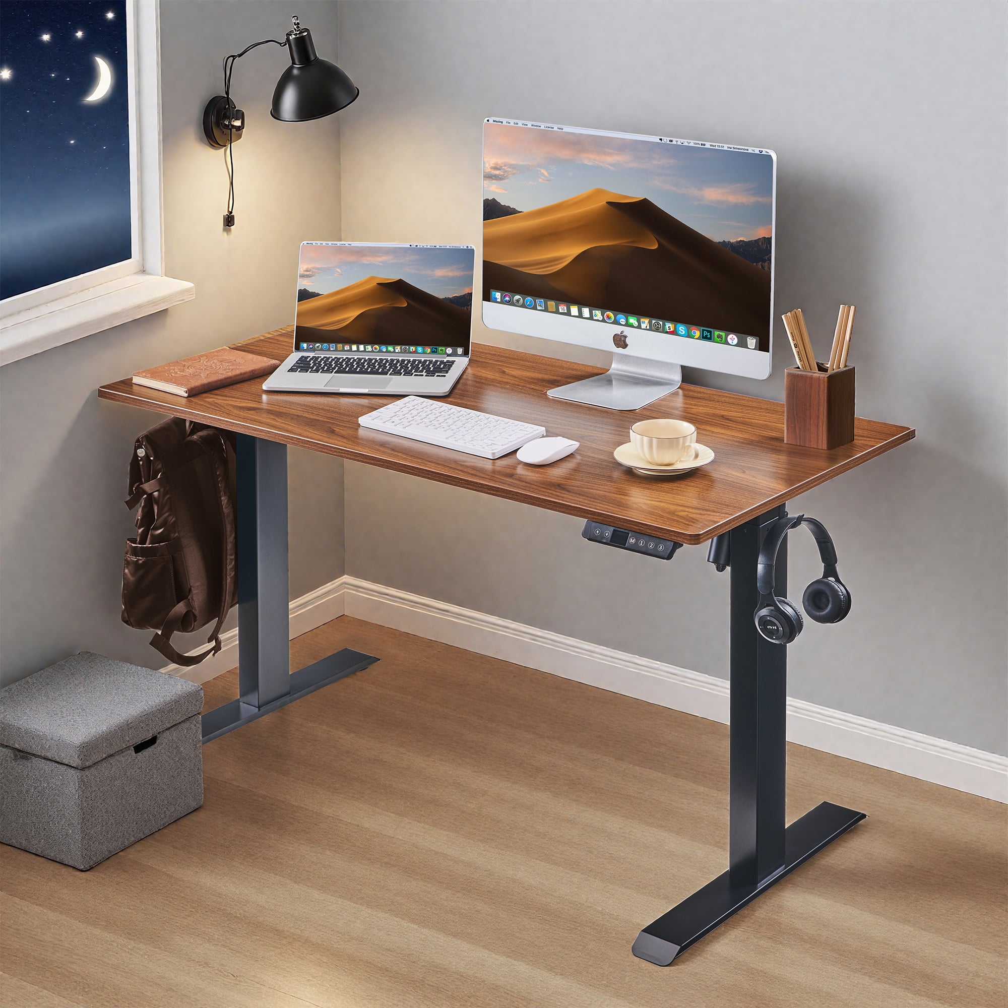 Electric Standing Desk, Adjustable Height Stand up Desk, 24x48 Inches Sit Stand Home Office Desk, Black Frame/Mahogany Top