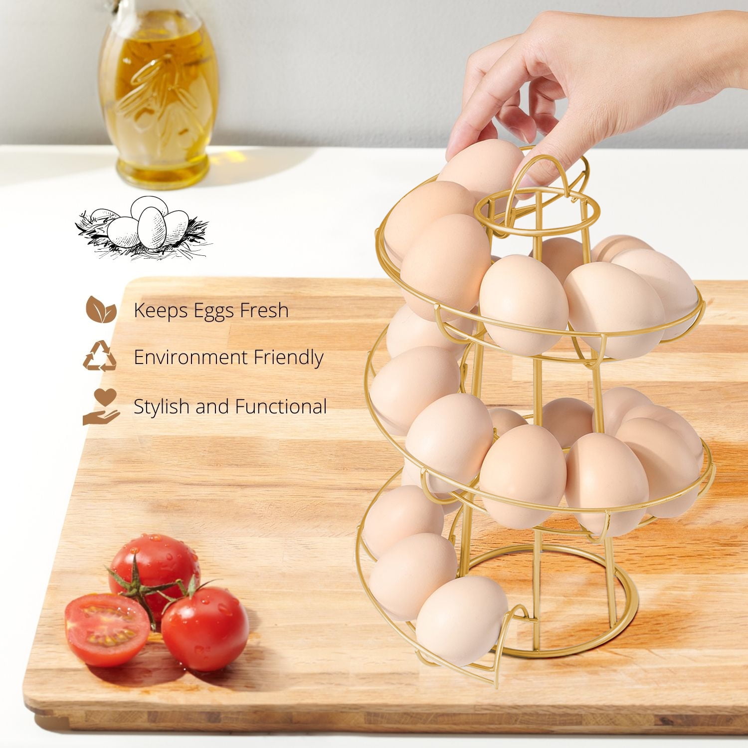 Egg Skelter Deluxe Modern Spiraling Dispenser Rack (Medium) - Chrome Plated Freestanding Wire Chicken Egg Storage Organizer Display Holder Basket for Countertop Kitchen, Gold