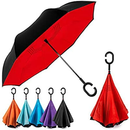 EEZ-Y Reverse Inverted Windproof Umbrella - Upside Down Umbrellas with C-Shaped Handle for Women and Men - Double Layer Inside Out Folding Umbrella