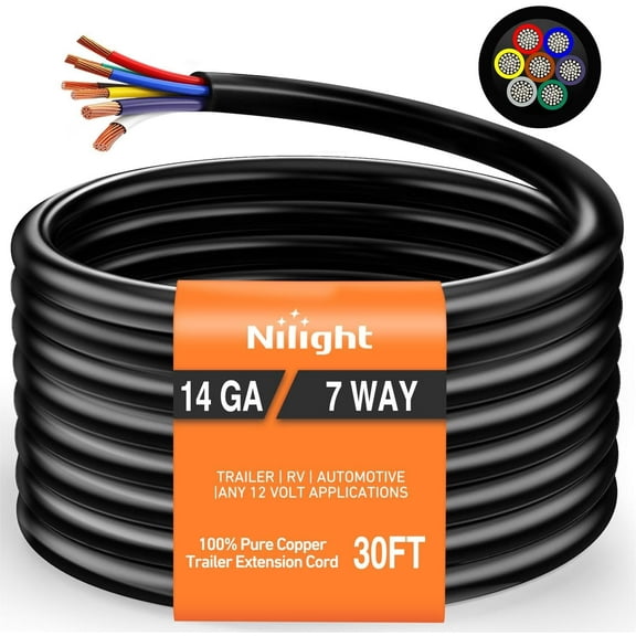 Nilight 30 Feet 7 Way Trailer Extension Cable Traditional SAE 14 Gauge 7 Conductor 100% Pure Copper Wire Insulated Heavy Duty Cord Weatherproof for 7 Pin Blade RV Automotive
