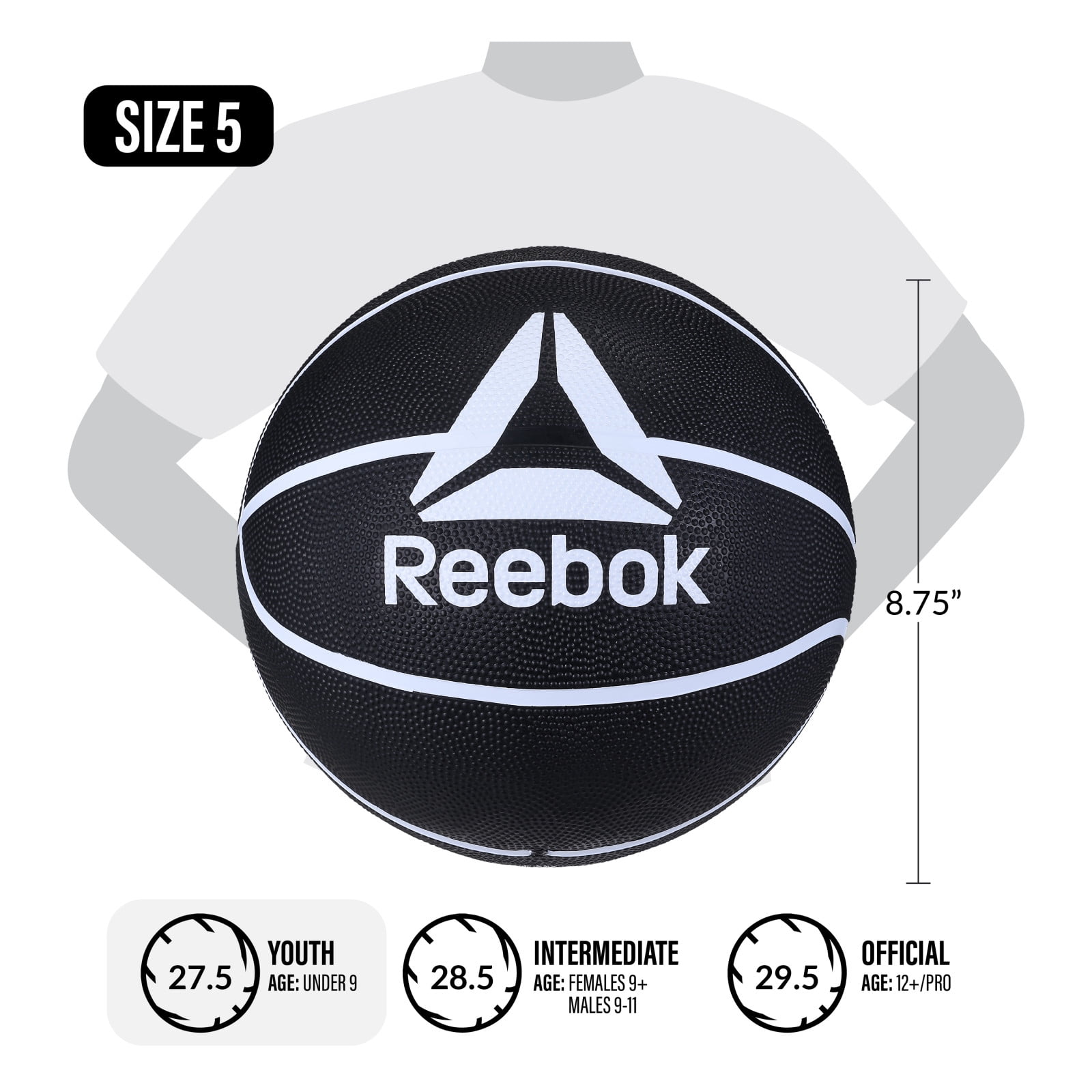 Reebok Durable Rubber Indoor/Outdoor Basketball with Inflatable Pump for Indoor & Outdoor Play, Size 5 (27.5 in)