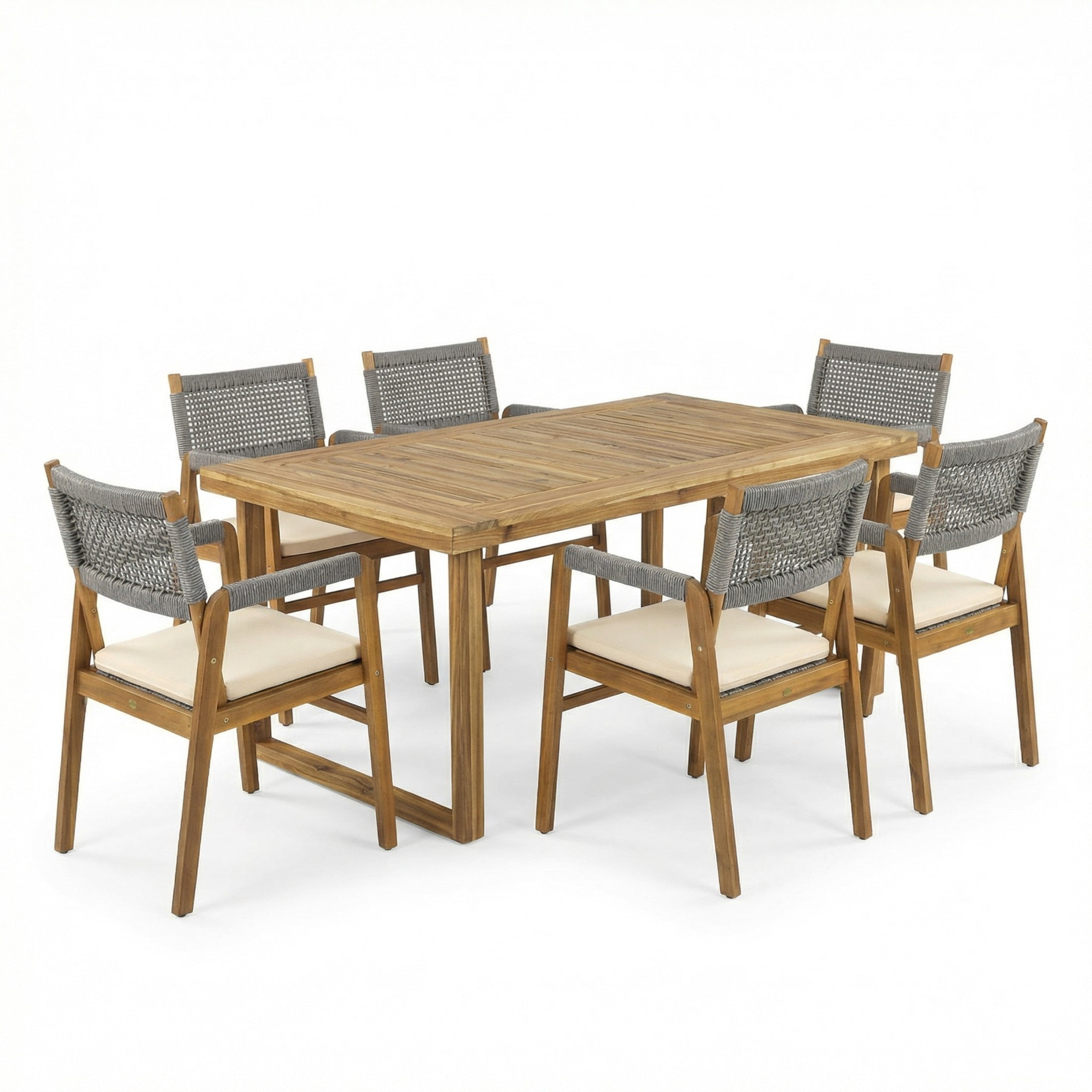 Christopher Knight Home 7-Piece Outdoor Solid Wood Dining Set with 69" Table and Gray Rope Armchairs