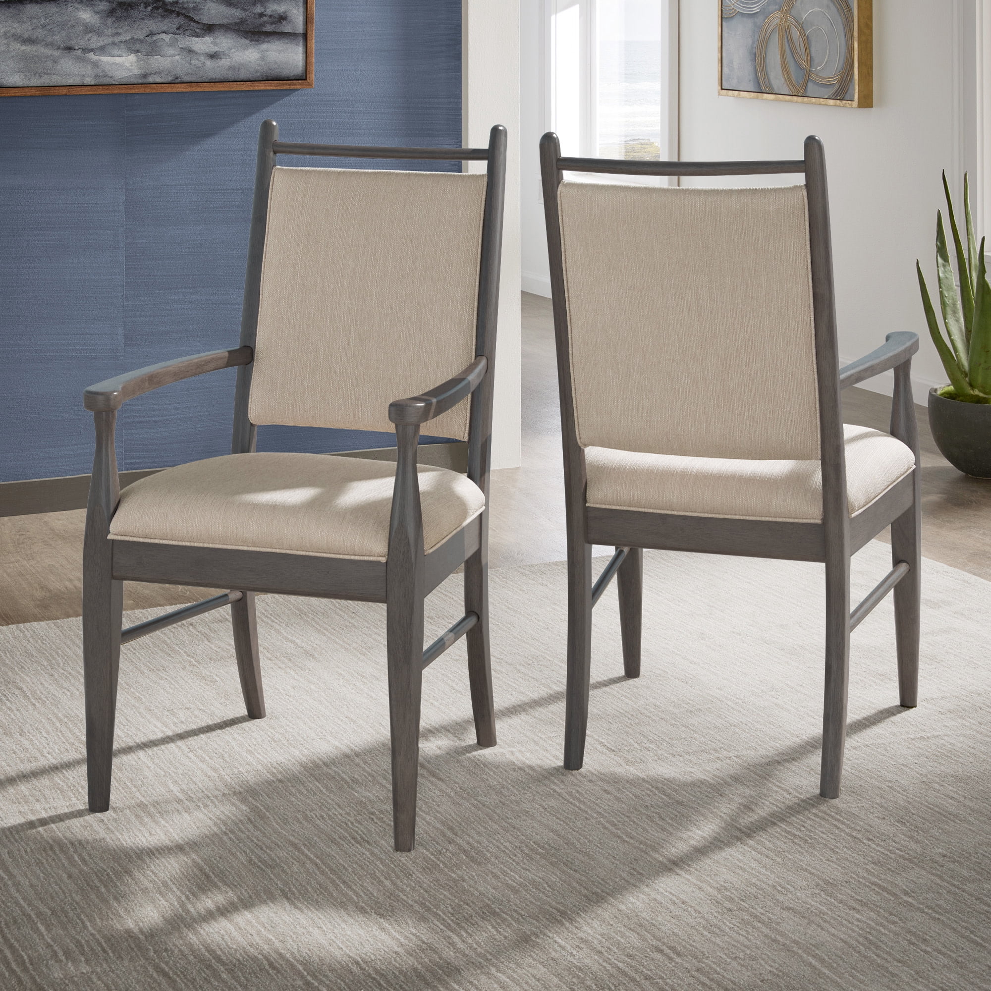 Weston Home Alta Wood Finish Beige Fabric Arm Chair, Set of 2, Gray