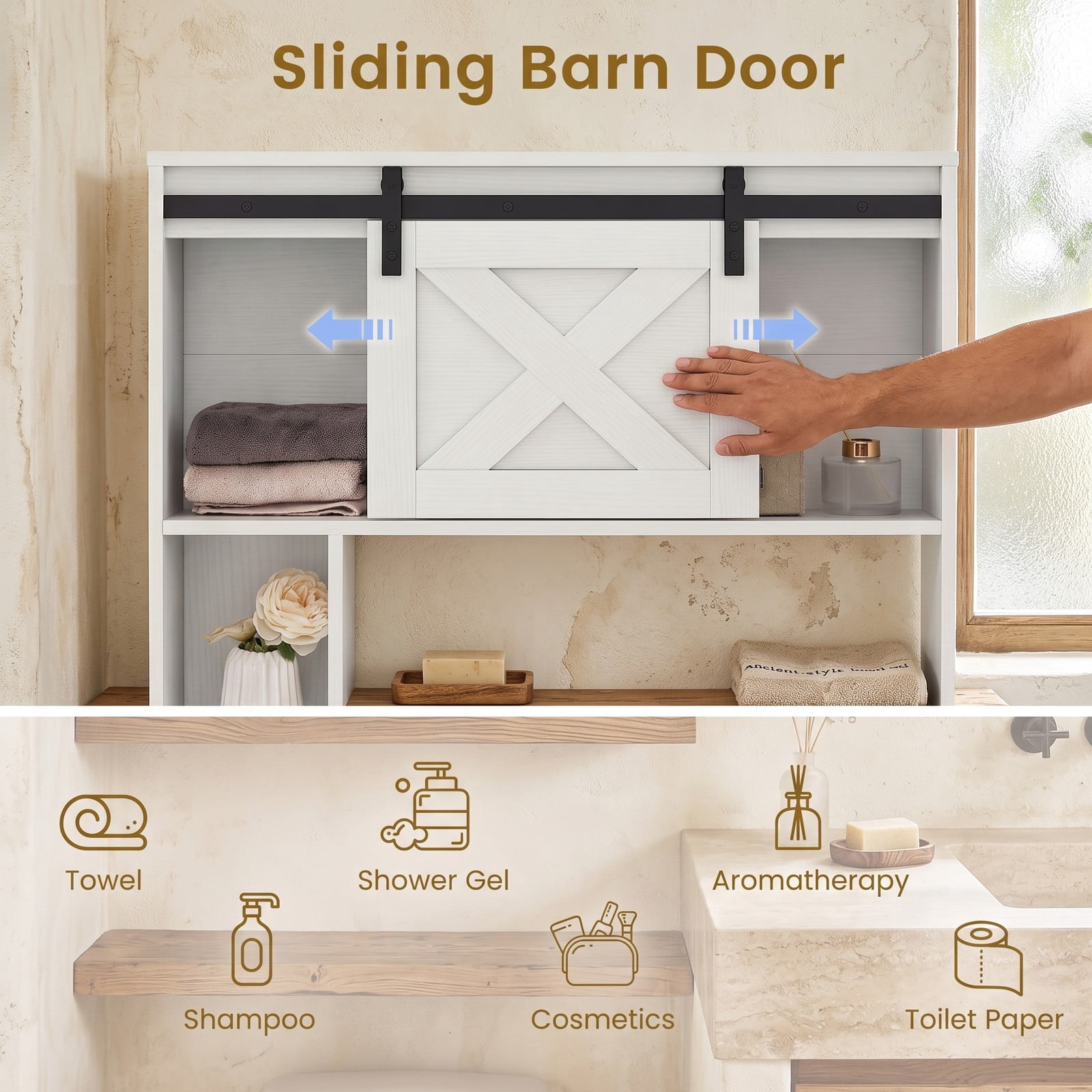 ALPULON 4-Tier Over the Toilet Storage Cabinet with Sliding Barn Door and Open Side Shelves for Bathroom and Laundry Room, White