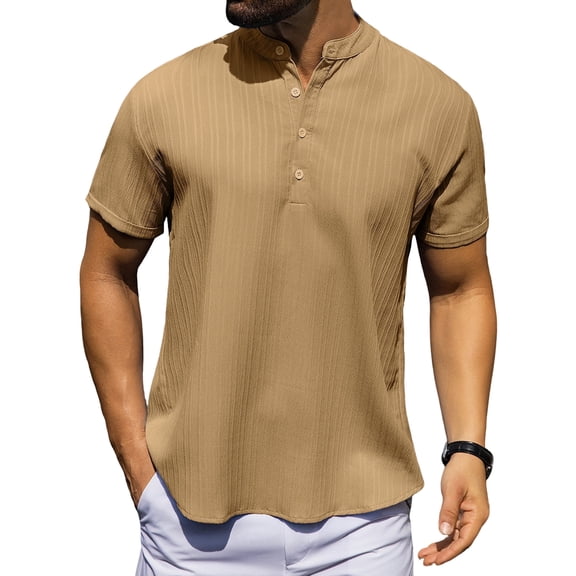 Fexilor Men's Shirts Short Sleeve Button Down Relaxed Fit Modern Stand Collar Casual Dress Shirts, Fade-Resistant