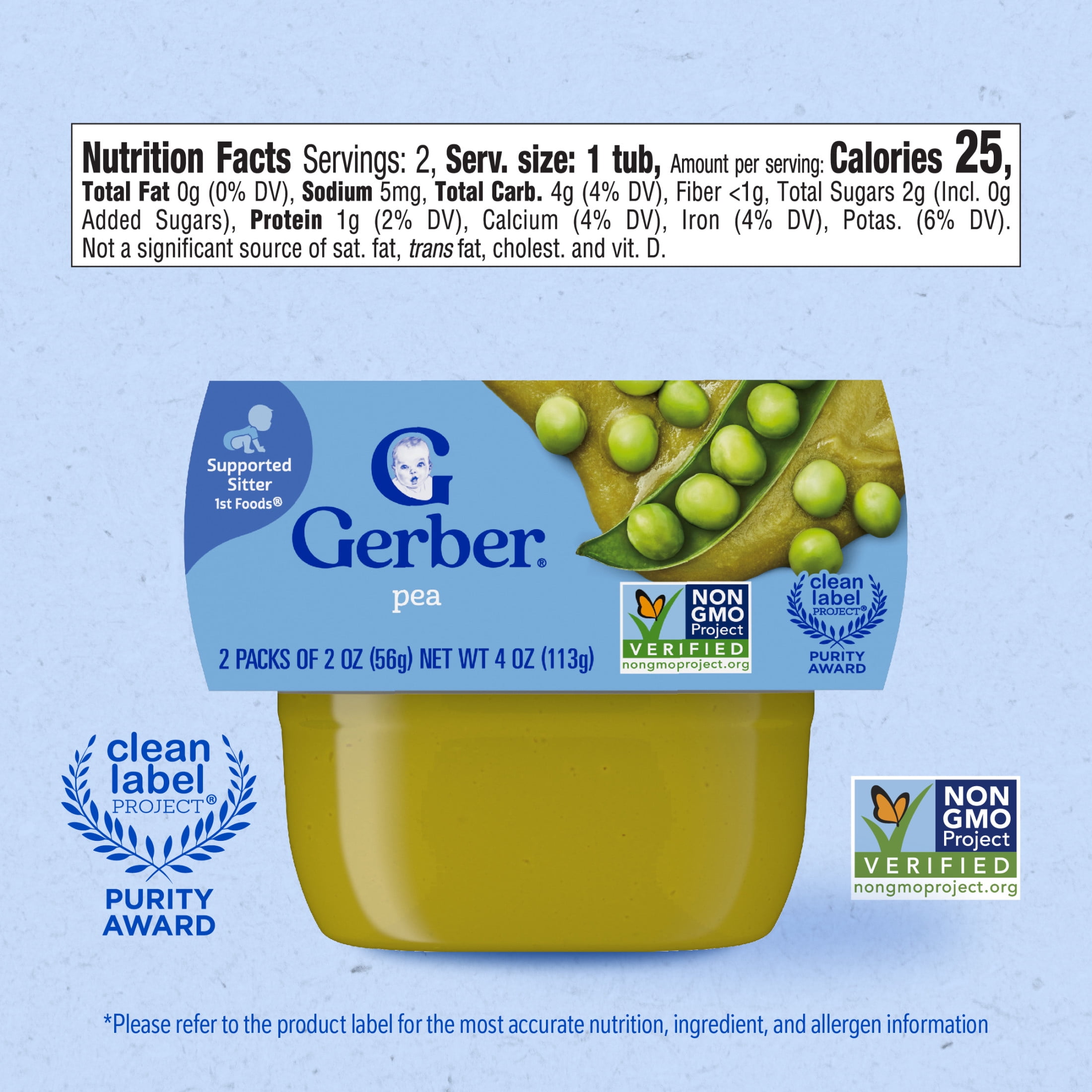 (8 pack) Gerber 1st Foods Baby Food, Pea Puree, Clean Label Project, 2 oz Tubs (2 Pack)