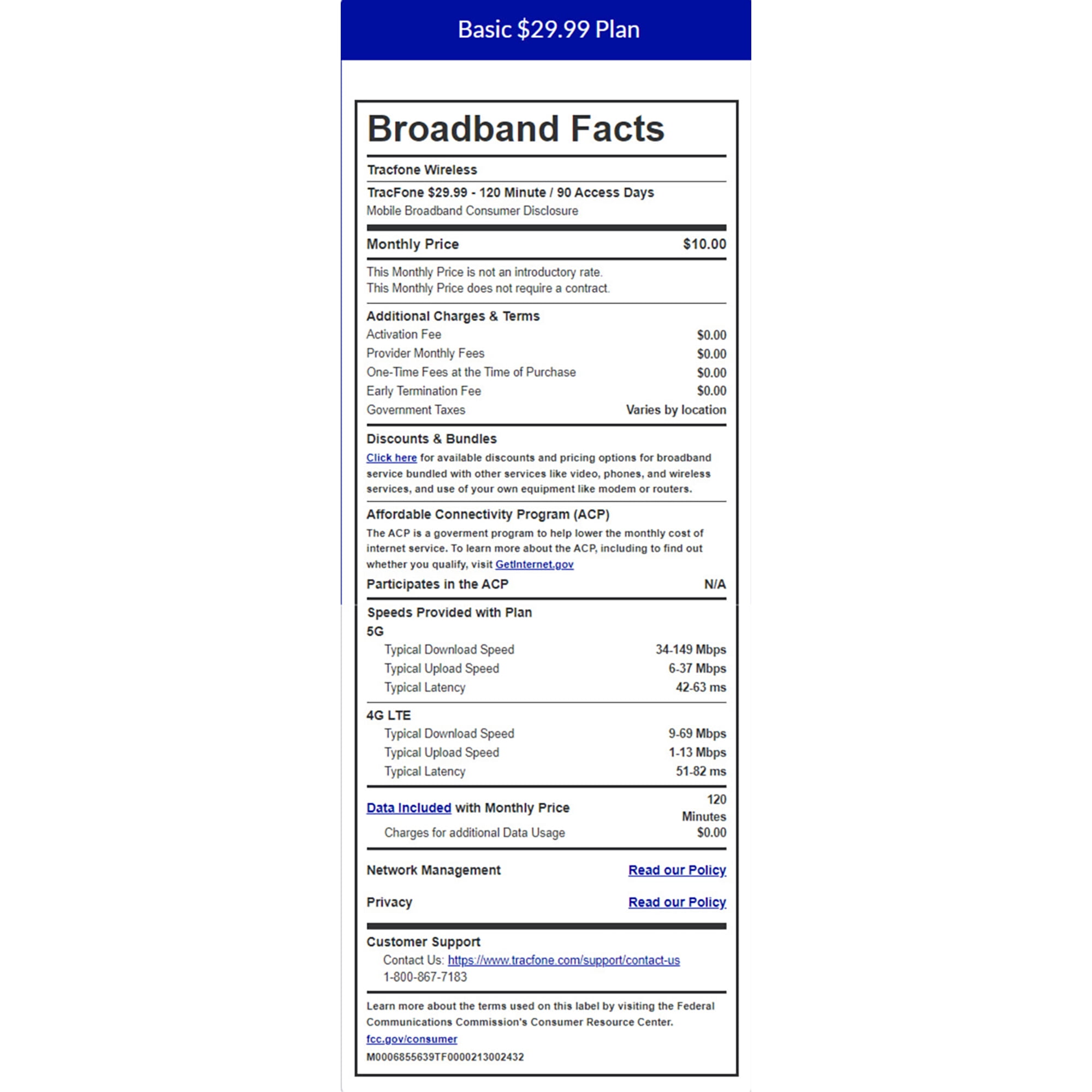 Basic $29.99 Plan Broadband Facts Tracfone Wireless TracFone $29.99 - 120 Minute / 90 Access Days Mobile Broadband Consumer Disclosure Monthly Price This Monthly Price is not an introductory rate. This Monthly Price does not require a contract. Additional Charges & Terms Activation Fee Provider Monthly Fees $10.00 $0.00 $0.00 One-Time Fees at the Time of Purchase $0.00 $0.00 Varies by location Early Termination Fee Government Taxes Discounts & Bundles Click here for available discounts and pricing options for broadband service bundled with other services like video, phones, and wireless services, and use of your own equipment like modem or routers. Affordable Connectivity Program (ACP) The ACP is a goverment program to help lower the monthly cost of internet service. To learn more about the ACP, including to find out whether you qualify, visit Getinternet.gov Participates in the ACP Speeds Provided with Plan 5G Typical Download Speed Typical Upload Speed Typical Latency 4G LTE N/A 34-149 Mbps 6-37 Mbps 42-63 ms Typical Download Speed Typical Upload Speed Typical Latency Data Included with Monthly Price Charges for additional Data Usage Network Management 9-69 Mbps 1-13 Mbps 51-82 ms 120 Minutes $0.00 Read our Policy. Read our Policy. Privacy Customer Support Contact Us: https://www.tracfone.com/support/contact-us 1-800-867-7183 Learn more about the terms used on this label by visiting the Federal Communications Commission's Consumer Resource Center. fcc.gov/consumer M0006855639TF0000213002432