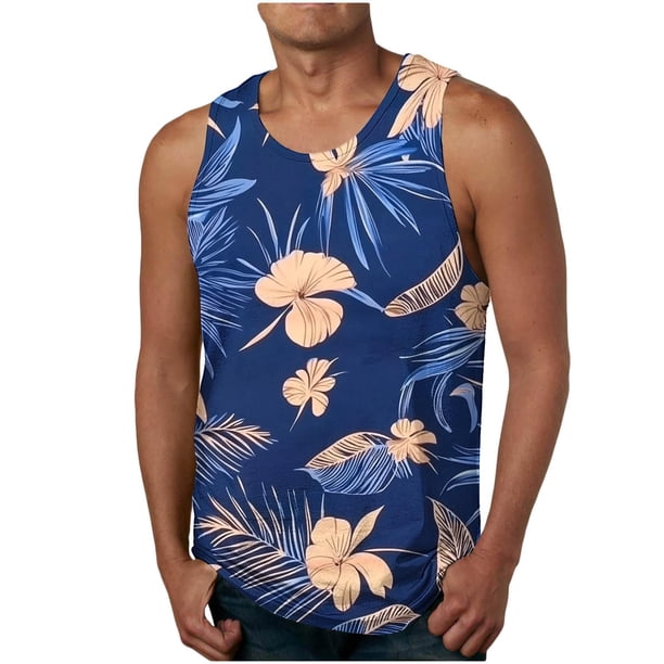 Camiseta sin mangas de cuello redondo para hombre, estilo informal, con estampado hawaiano, sin mangas, deportiva, con cuello redondo