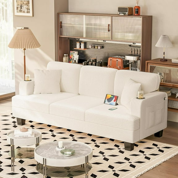 Sofa for Living Room, 83" Comfy Couch with USB and Type-C Port, 3 Seat Corduroy Sofas with 2 Pillows and Cup Holders for Apartment, Small Space