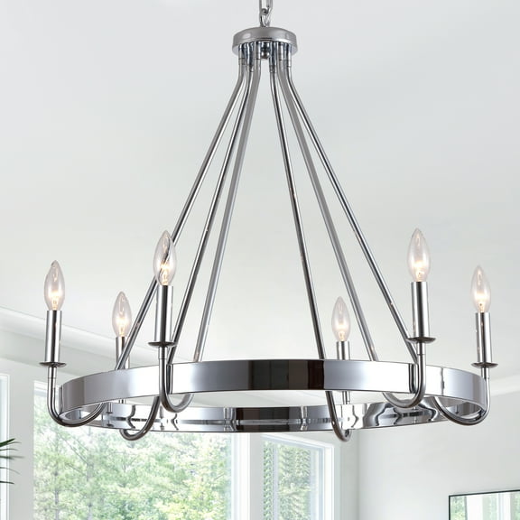 Chords Attic 28" Chrome Wagon Wheel Chandelier with 6 Lights, Adjustable Height Rustic Industrial Ceiling Light with Candle Style Bulbs for Kitchen, Dining Room