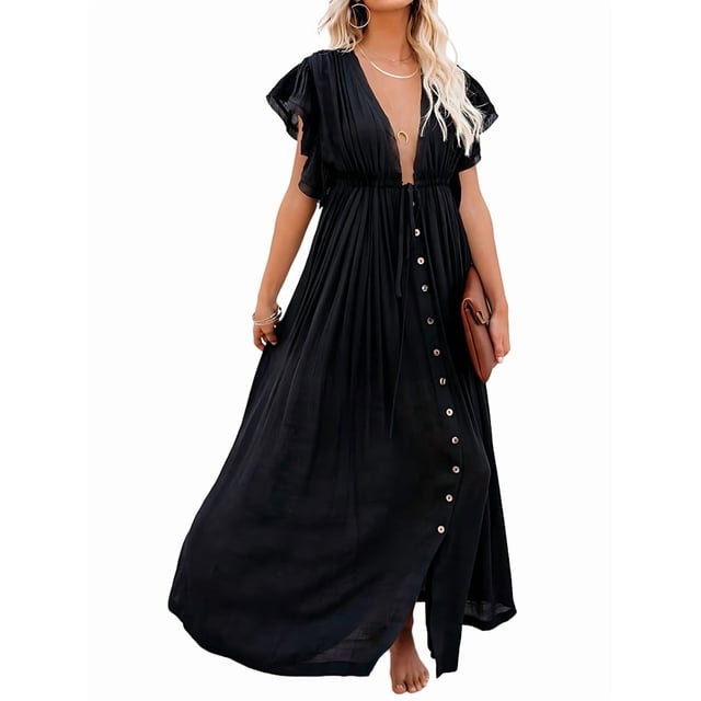 Robe d'Été Décontractée pour Femmes, Robe Maxi à Volants, Robe Boho Boutonnée, Longue Tunique Noire Taille Unique