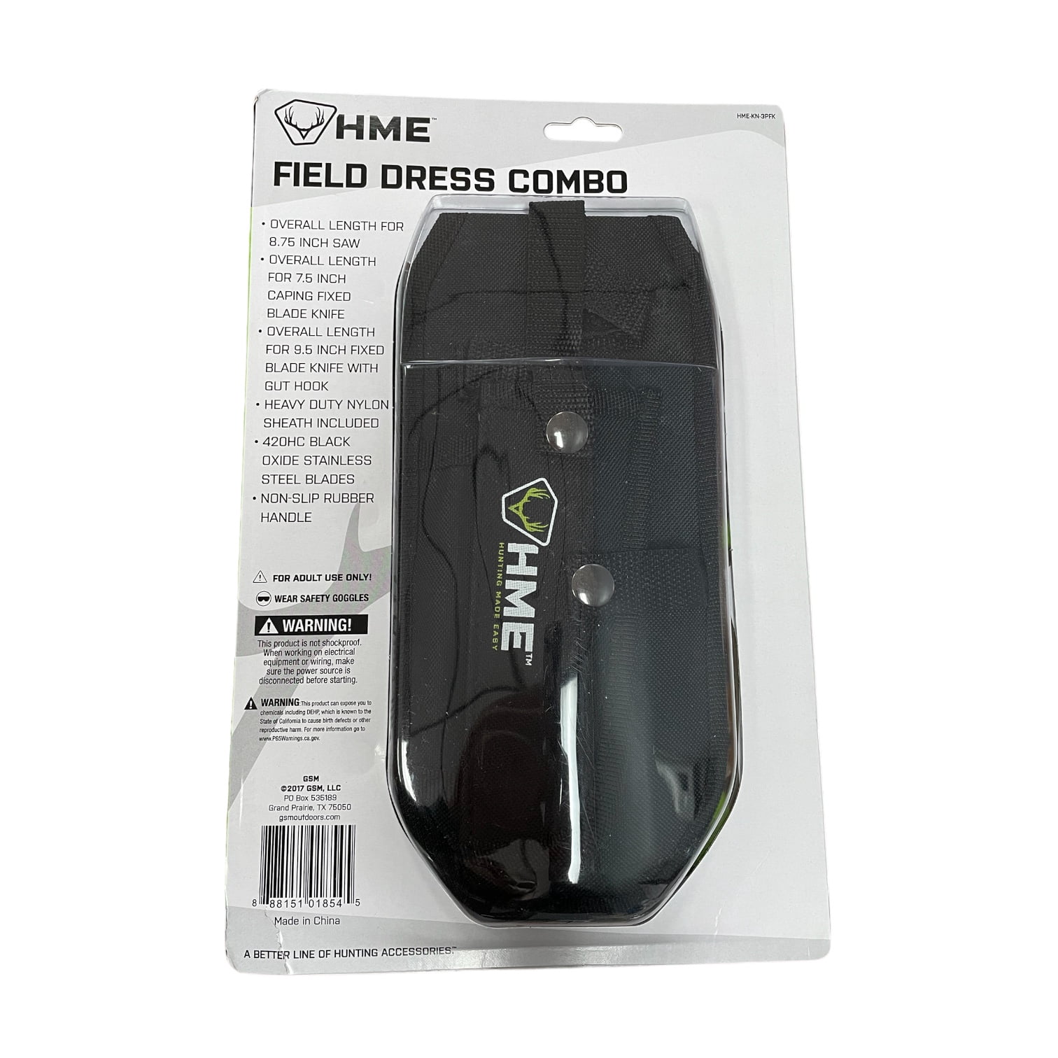 HME HMEKN3PFK 3-Piece Fixed Set 420HC Stainless Steel Black Oxide Skinner w/Gut Hook/Saw/Caper Thermoplastic Rubber Green