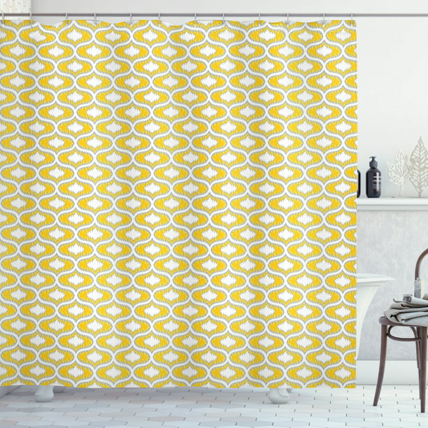 Ikat Shower Curtain Oval Shaped Design, Gray And Yellow Ikat Shower Curtain