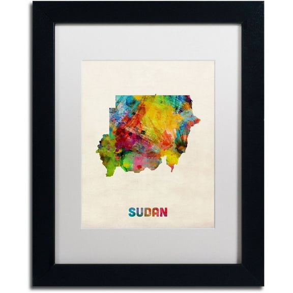 Trademark Fine Art 'Sudan Watercolor Map' Canvas Art by Michael Tompsett, White Matte, Black Frame