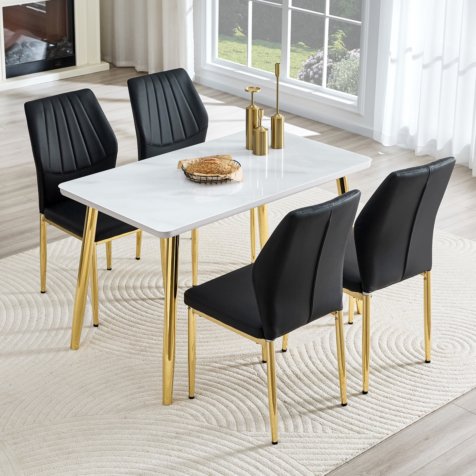 Hi loPres 47" White Modern Rectangular Dining Table for Apartments, Faux Marble Tempered Glass Top Kitchen Desk with Stable Gold Metal Legs, Minimalist Style