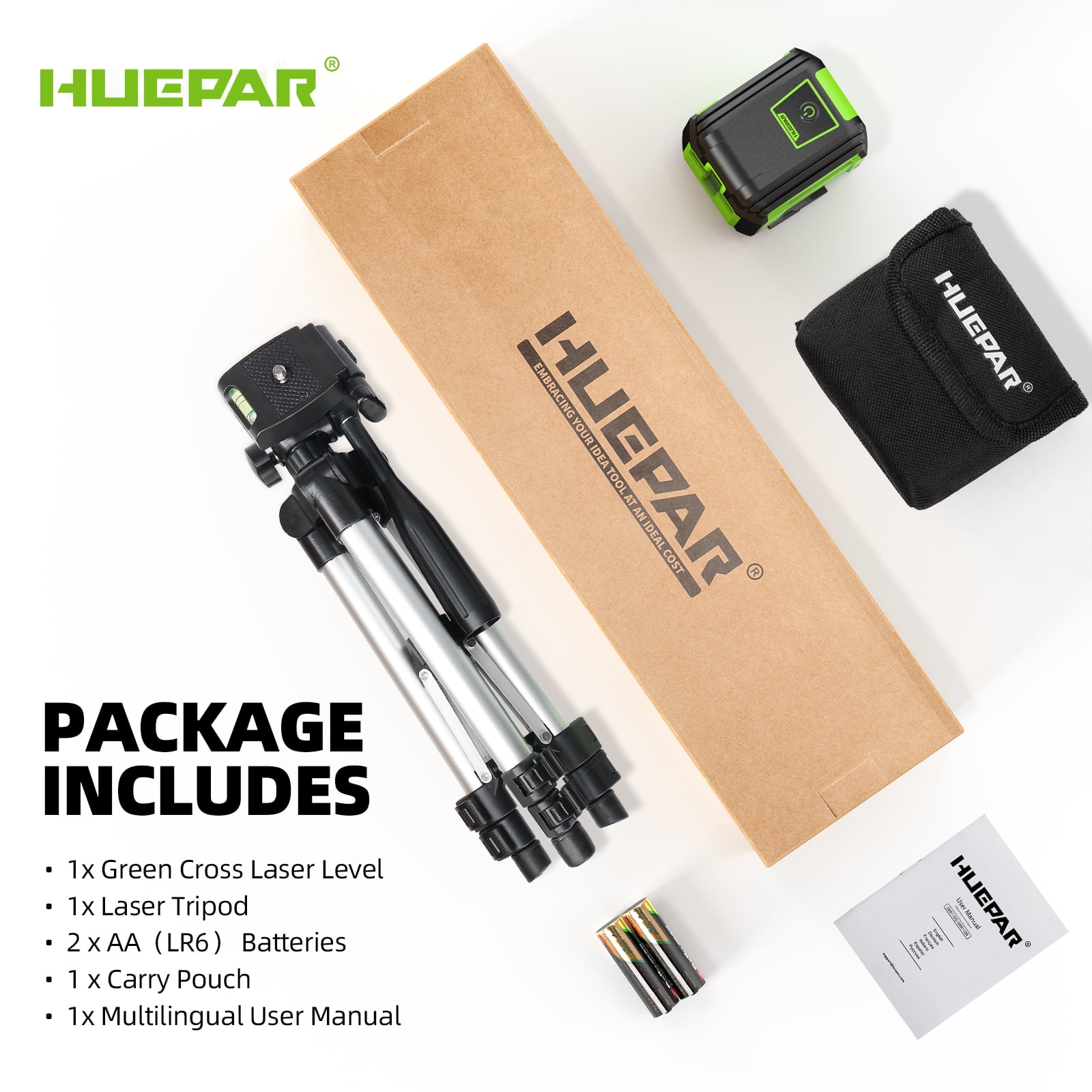 Huepar Green Self-leveling Laser Level with Tirpod, Cross Line Laser Levels for DIY Home Picture Hanging with AA Batteries and Carry Bag