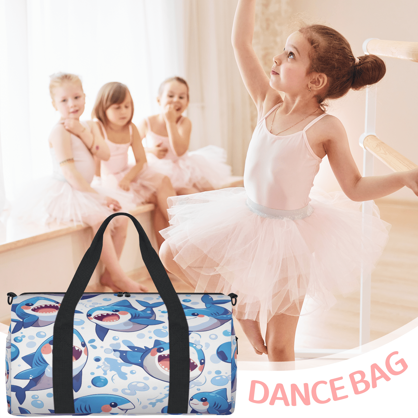 Herdesigns Cute Shark Gym Bag for Women, Duffle Bag for Travel Sport, Nautical Lightweight Waterproof Carry on Weekender Dance Yoga Workout Bags