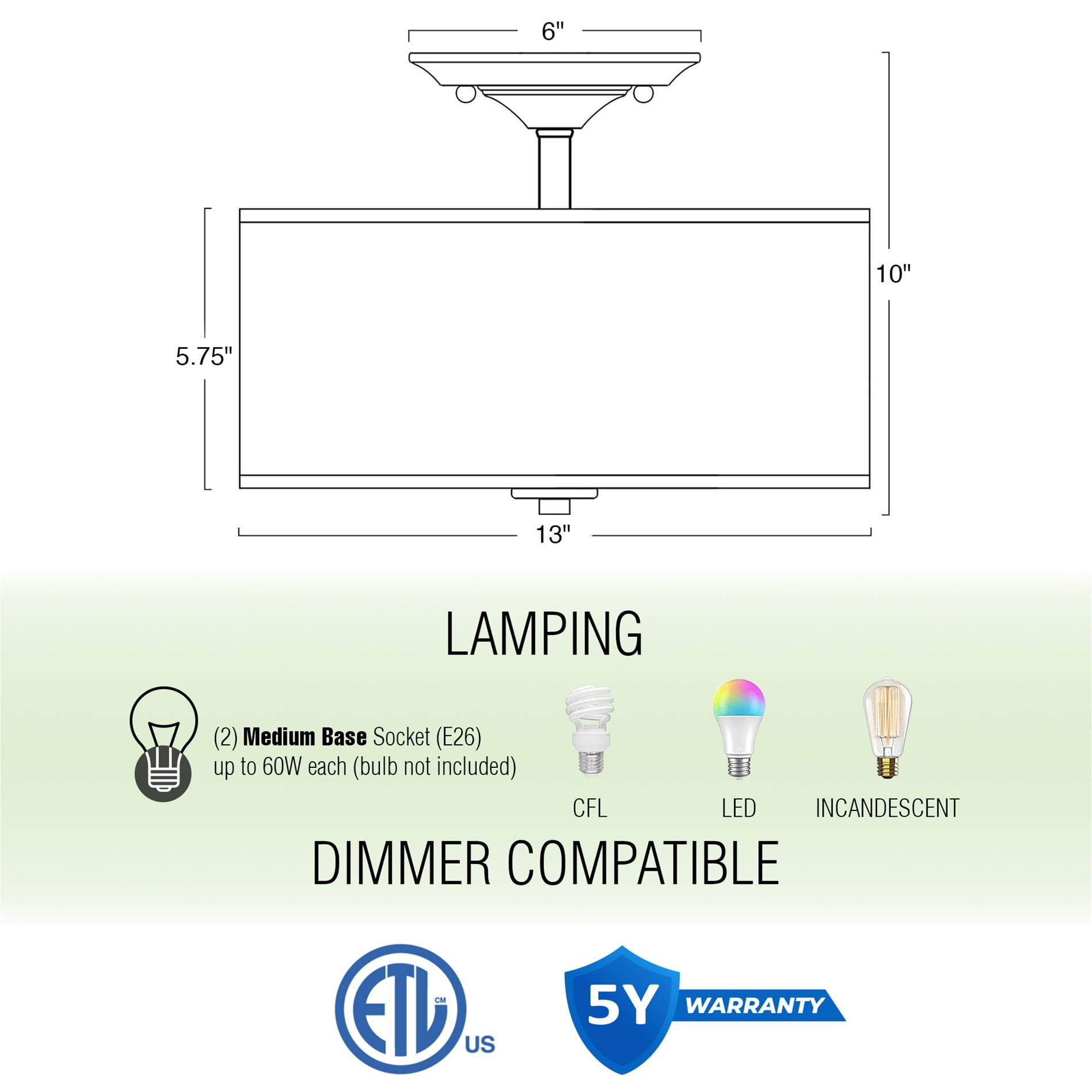 Kira Home Addison 13" Modern Drum Semi Flush Mount with Off-White Fabric Drum Shade, 2-Light Ceiling Light, Cool Brass