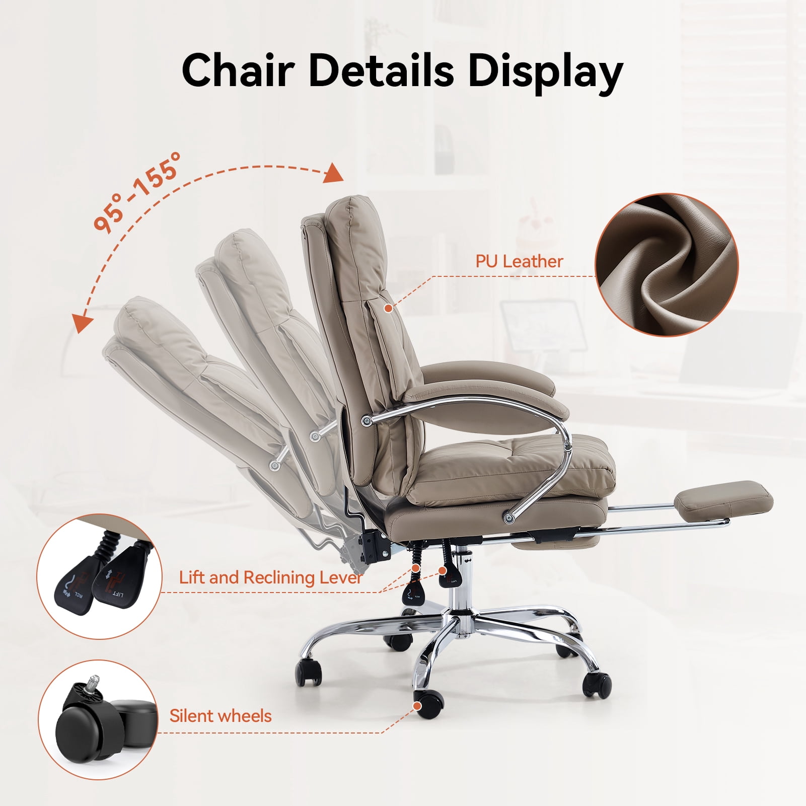 LEAGOO Office Chair with Foot Rest, Reclining Ergonomic Executive Office Chair with Armrests, High Back PU Leather Comfy Swivel Computer Chair with Wheels 300lbs, Tan