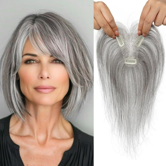 Hair Toppers for Women Real Human Hair, Seamless Human Hair Toppers with Bangs, 360° 3D Cover Clip in Bangs Hair Extensions for Daily Wear, Gray