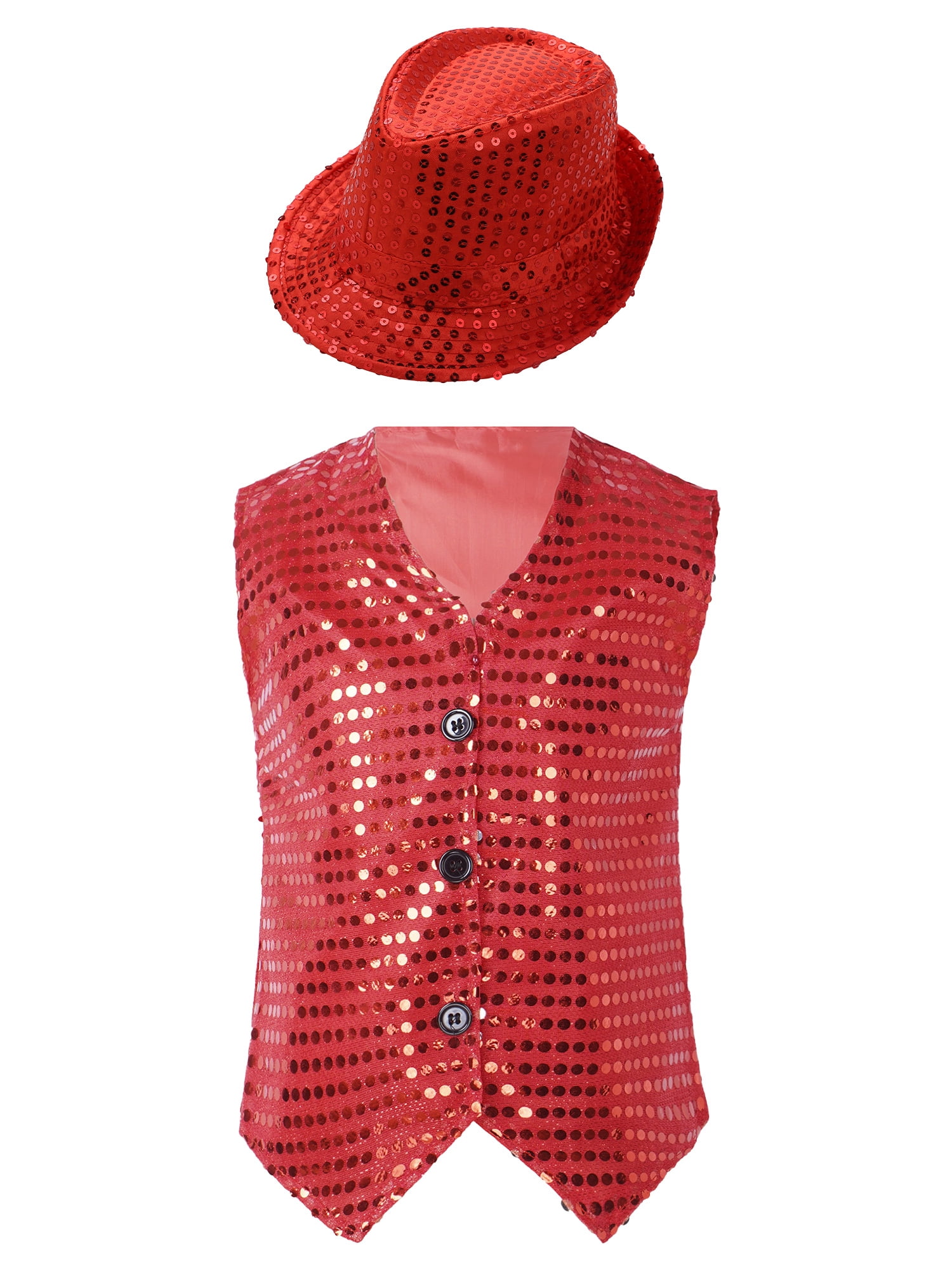 YEAHDOR Kids Boys Button Down Shiny Sequins Vest with Hat for Jazz Hip ...
