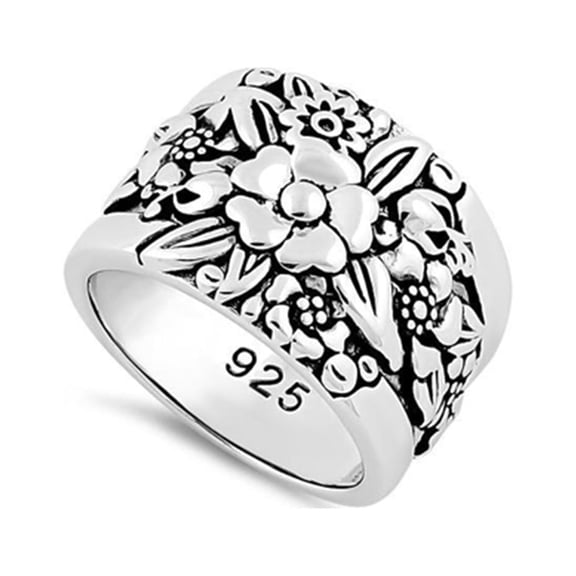925 Sterling Silver Oxidized Platinum Plated Floral Design Women Valentines Day Gifts Ring