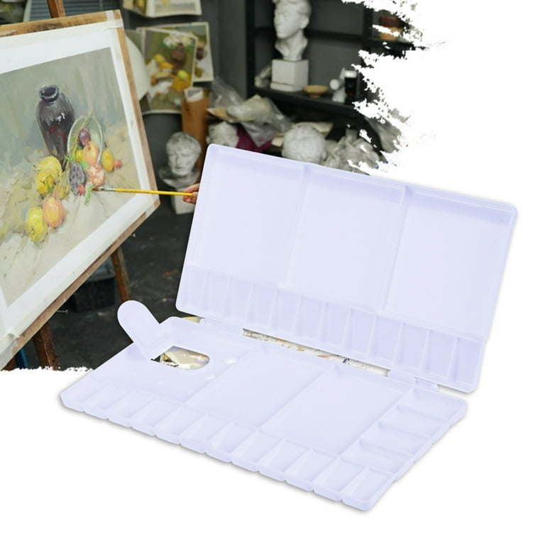 Watercolor Palette Folding Paint Tray Plastic Painting Pallet with 33  Compartments, Thumbhole and Brush Holders, White
