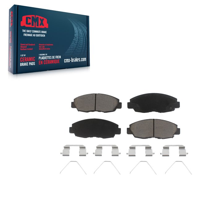 CMX Front Ceramic Disc Brake Pads CMX-D1578 for Car Honda Civic, designed for optimal braking performance with CeramiX™ high-density ceramic compound, low dust, and noise reduction. Features rubberized stainless steel shims and high carbon steel alloy construction with anti-rust black paint. Compatible with Honda Civic models from 2012 to 2015. Ideal for automotive replacement parts. Box and brake pad set displayed with included hardware.