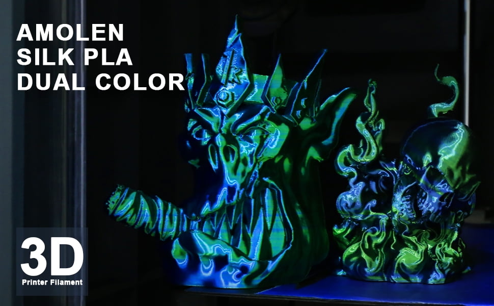 AMOLEN 3D Printer Filament, PLA Filament 1.75mm Dual Color Filament, Silk  Blue Green 3D Printing Filament 1KG/2.2lb 