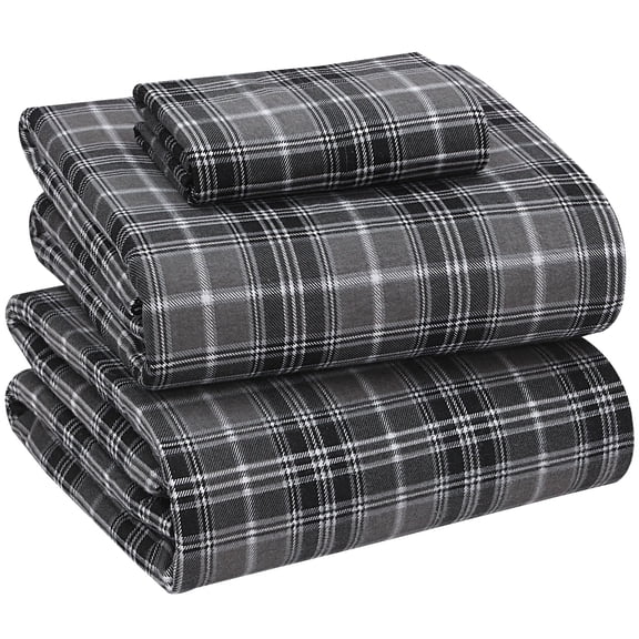 RUVANTI Flannel Sheets Twin Size - 100% Cotton Double Brushed Twin Sheets Set, Deep Pockets 16 Inches, All Seasons Breathable & Extra Soft Bed Sheets, Warm & Cozy, 3 Piece, Grey Plaid