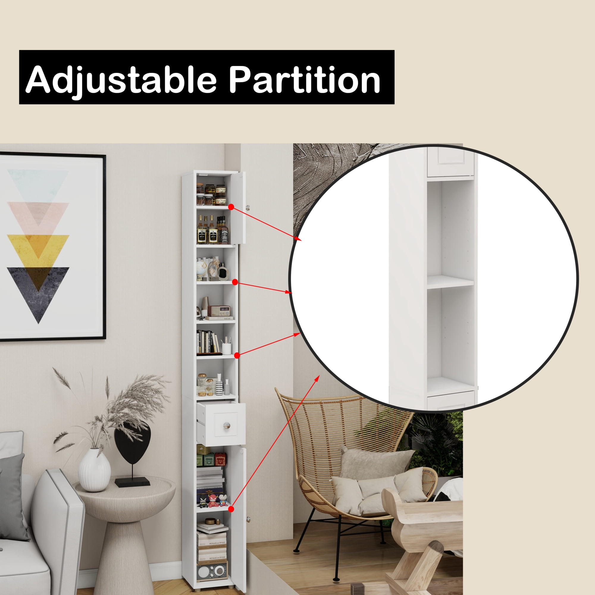 Leumius 71" Tall Bathroom Storage Cabinet,Tall Slim Freestanding Bathroom Cabinet with 1 Drawer, 2 Doors and 4 Adjustable Shelves for Small Space,Living Room,White