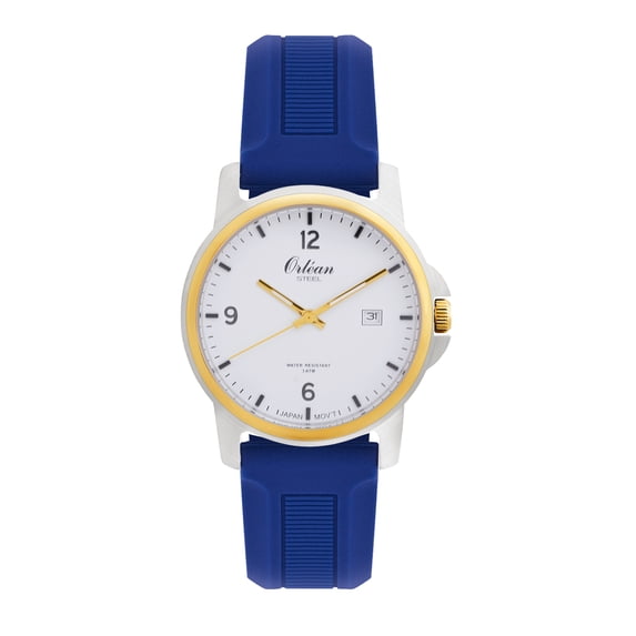 Orlean Mens Easy to Read Watch with Date - 316L Stainless Steel Case Washable Waterproof Silicone Band - 38mm Analog Men's Wrist Watches - White Dial - Two-Tone / Blue Band