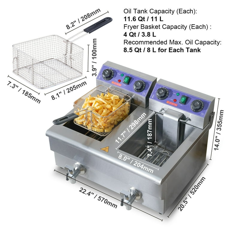 KFFKFF Industrial Dual Chamber Fryer, 3000W Electric