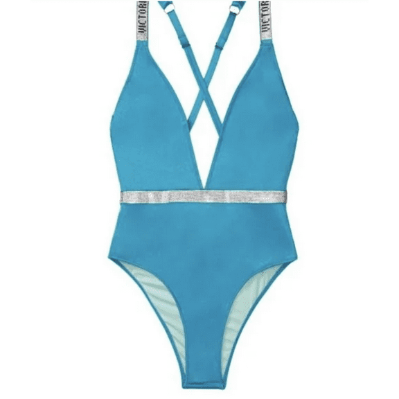 Large VS Shine Strap Plunge One-Piece Swimsuit Shimmer Blue