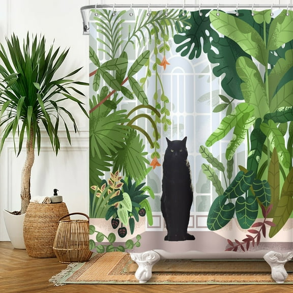 SUNOLIFE Tropical Palm Shower Curtain Summer Black Cat Waterproof Fabric Bathroom Curtain Set 72x72 in