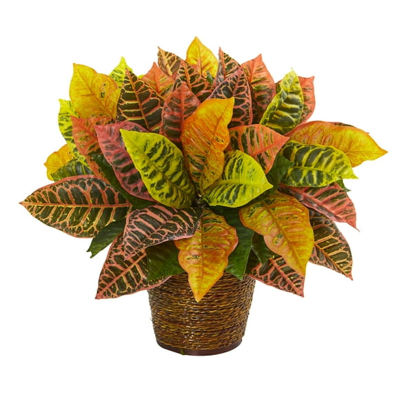 Nearly Natural 17" Orange Garden Croton Artificial Plant in Basket (Real Touch)