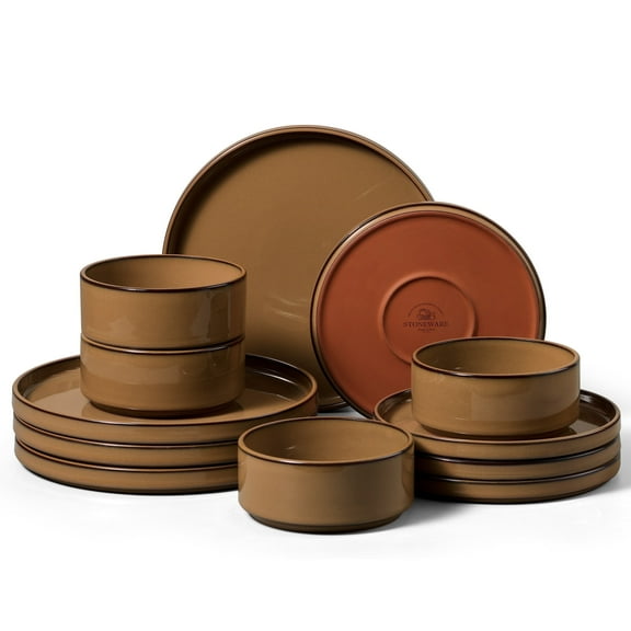 Vesteel 12-Piece Dinnerware Set, Ceramic Tableware Reactive Glaze Plates and Bowls Sets, Healthy Yixing Purple Clay Dishes Set, Dishwasher & Microwave Safe - Caramel