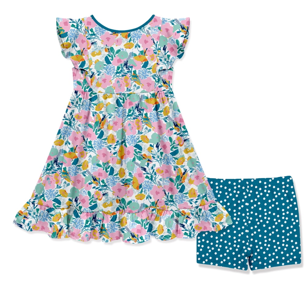 Millie Loves Lily Girls Turquoise Filagree Floral Angel Sleeve Dress & Short Set, Big Girls, Size 6