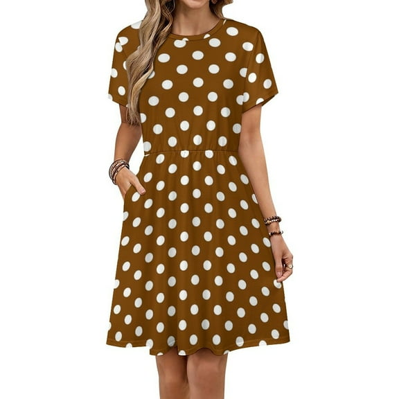 White And Brown Polka Dots Dress Fashion Beach Short Sleeve Dresses Female Party Printed Sundress