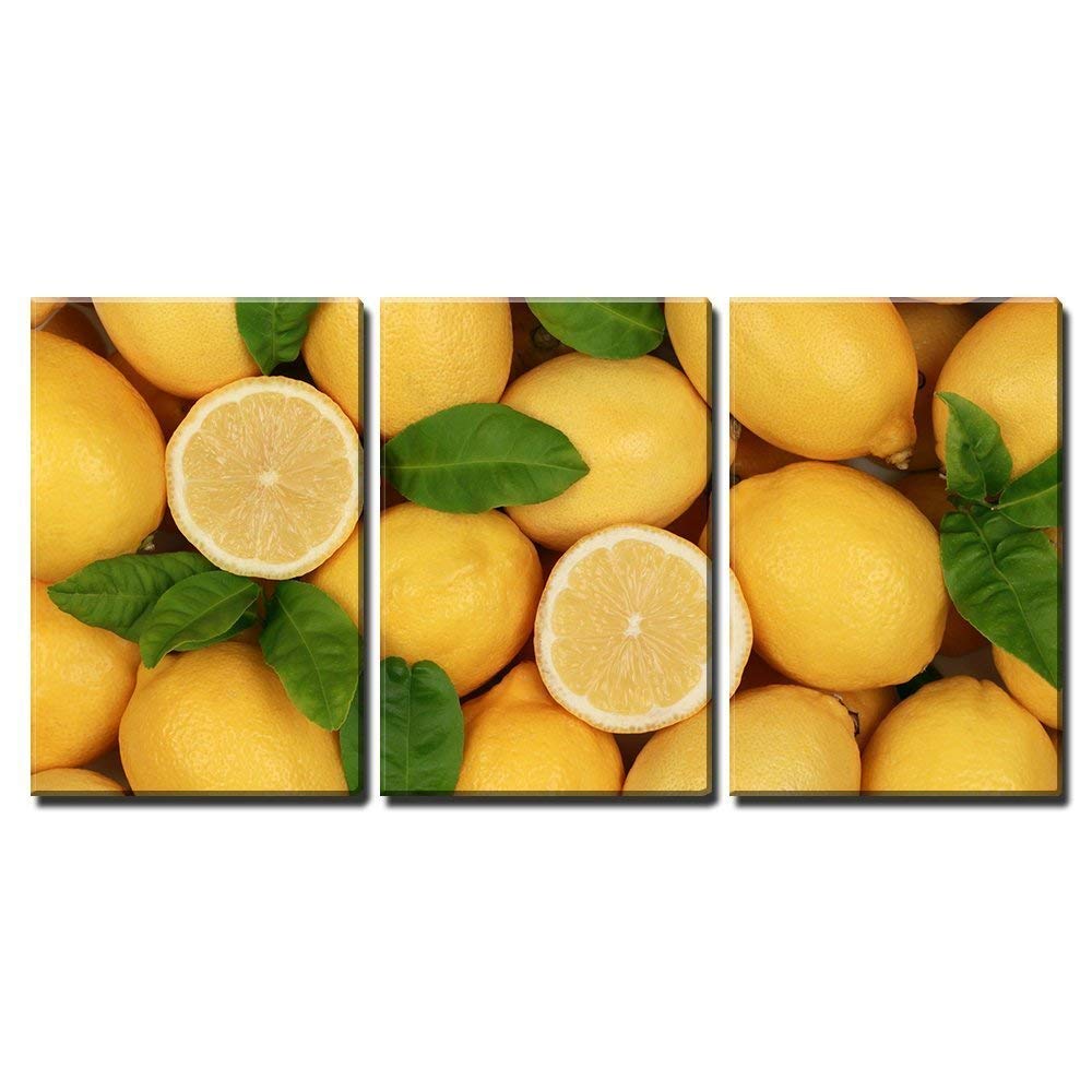 Wall26 3 Piece Canvas Wall Art Group of Fresh Lemons with Leaves and