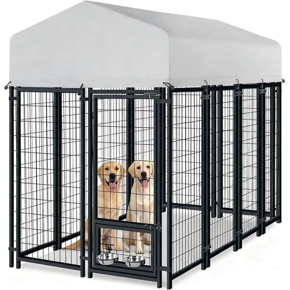 PulseFay Outdoor Large Dog Kennel, Heavy Duty Dog Enclosure with UV & Rain-Proof Fully Covered Roof, Rustproof Metal Mesh, Double Security Locks