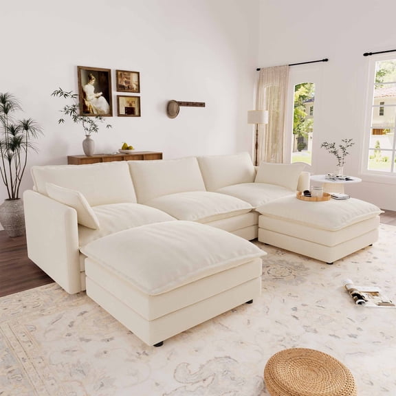 Muumblus 110" Oversized Modular Sectional Sofa with 2 Movable Ottoman, U Shaped Deep Seat Cloud Couch for Living Room, Beige Chenille