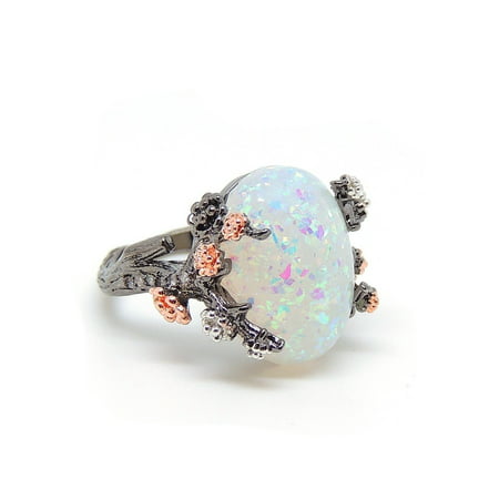 Henrietta Elven Tree Branch Oval Purple Black White or Green Simulated Fire Opal Ring