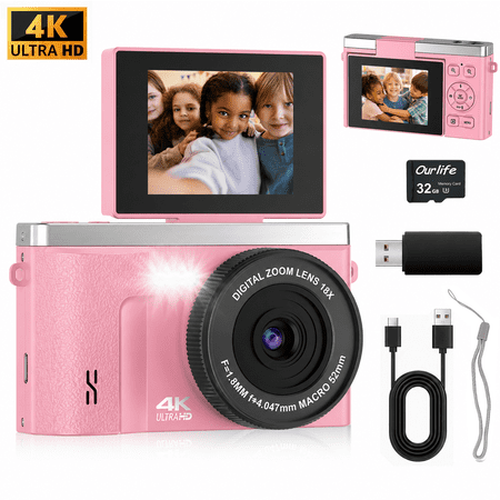 Ourlife Digital Camera for Kids, 4K 48MP Point and Shoot Camera with 2.0" Flip Screen, 18X Digital Zoom, Anti Shake, 32GB Memory Card, Compact Camera for Teens & Beginners, Pink